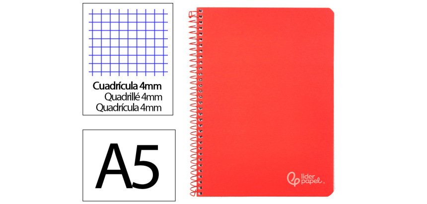 Cuaderno espiral liderpapel a5 witty tapa dura 80h 90gr cuadro 4mm con margen color rojo