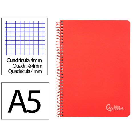 Cuaderno espiral liderpapel a5 witty tapa dura 80h 90gr cuadro 4mm con margen color rojo