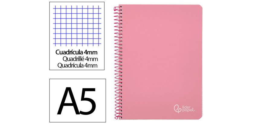Cuaderno espiral liderpapel a5 witty tapa dura 80h 90gr cuadro 4mm con margen color rosa