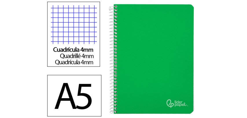 Cuaderno espiral liderpapel a5 witty tapa dura 80h 90gr cuadro 4mm con margen color verde
