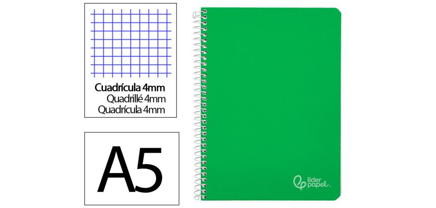 Cuaderno espiral liderpapel a5 witty tapa dura 80h 90gr cuadro 4mm con margen color verde