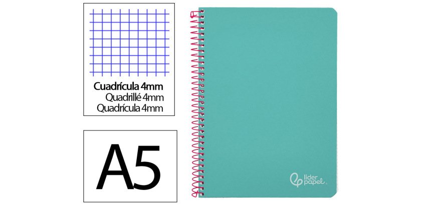 Cuaderno espiral liderpapel a5 witty tapa dura 80h 90gr cuadro 4mm con margen color turquesa