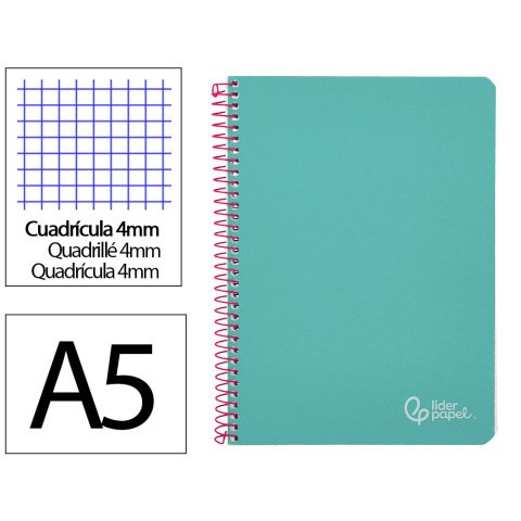 Cuaderno espiral liderpapel a5 witty tapa dura 80h 90gr cuadro 4mm con margen color turquesa