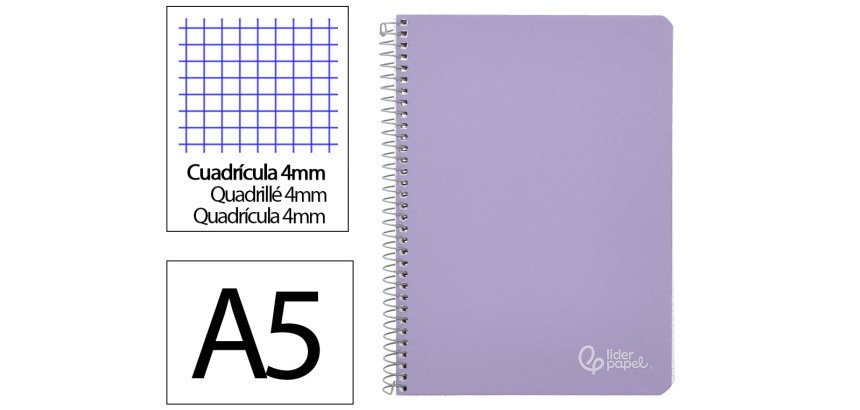 Cuaderno espiral liderpapel a5 witty tapa dura 80h 90gr cuadro 4mm con margen color violeta