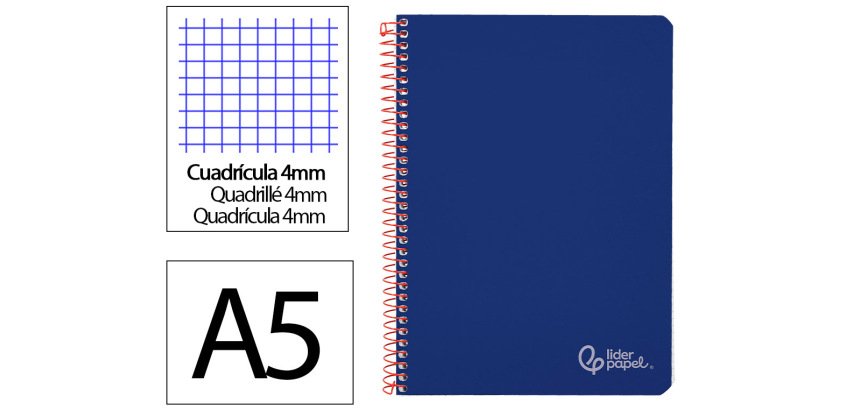 Cuaderno espiral liderpapel a5 witty tapa dura 80h 90gr cuadro 4mm con margen color azul marino