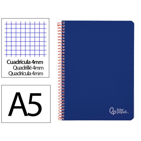 Cuaderno espiral liderpapel a5 witty tapa dura 80h 90gr cuadro 4mm con margen color azul marino