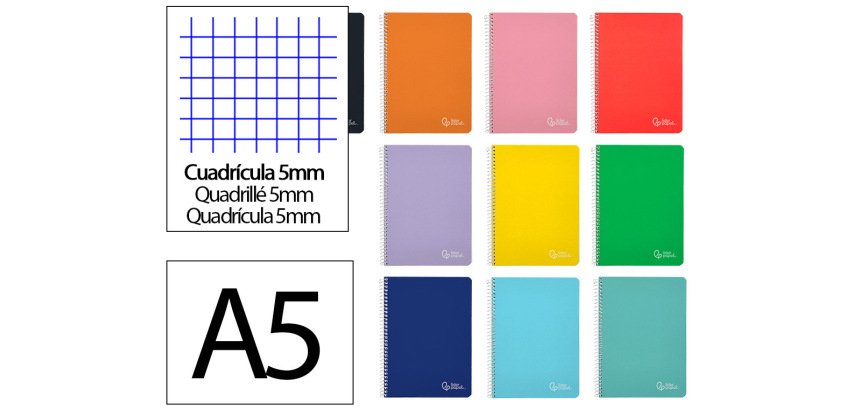 Cuaderno espiral liderpapel a5 witty tapa dura 80h 90gr cuadro 5mm con margen colores surtidos