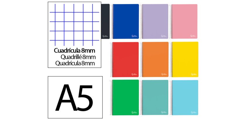 Cuaderno espiral liderpapel a5 witty tapa dura 80h 90gr cuadro 8mm con margen colores surtidos