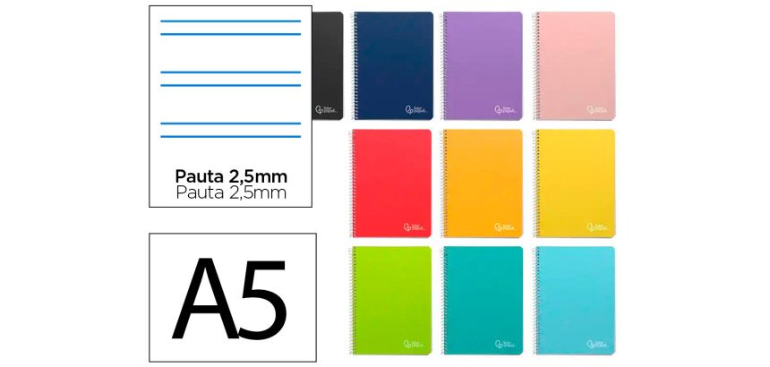 Cuaderno espiral liderpapel a5 witty tapa dura 80h 90gr pauta estrecha 2,5mm con margen colores surtidos
