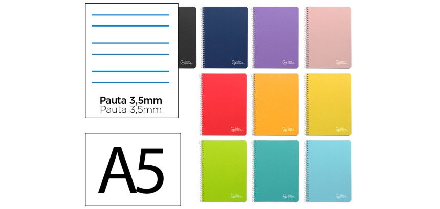 Cuaderno espiral liderpapel a5 witty tapa dura 80h 90gr rayado montessori 3,5 mm colores surtidos