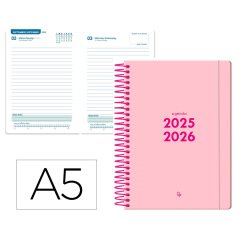 Agenda escolar liderpapel 25-26 espiral basic rosa dia pagina a5 bilingüe papel fsc 70 gr
