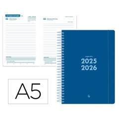 Agenda escolar liderpapel 25-26 espiral basic azul oscuro dia pagina a5 bilingüe papel fsc 70 gr