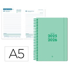 Agenda escolar liderpapel 25-26 espiral basic verde menta dia pagina a5 bilingüe papel fsc 70 gr