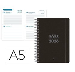 Agenda escolar liderpapel 25-26 espiral basic negro 2 dias pagina a5 bilingüe papel fsc 70 gr
