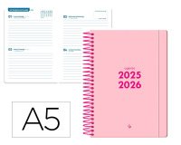 Agenda escolar liderpapel 25-26 espiral basic rosa 2 dias pagina a5 bilingüe papel fsc 70 gr