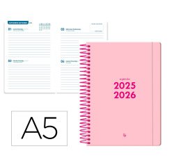 Agenda escolar liderpapel 25-26 espiral basic rosa 2 dias pagina a5 bilingüe papel fsc 70 gr
