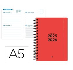 Agenda escolar liderpapel 25-26 espiral basic rojo 2 dias pagina a5 bilingüe papel fsc 70 gr