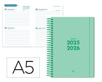 Agenda escolar liderpapel 25-26 espiral basic verde menta 2 dias pagina a5 bilingüe papel fsc 70 gr
