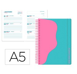 Agenda escolar liderpapel 25-26 espiral waves turquesa semana vista a5 bilingüe papel fsc 80 gr
