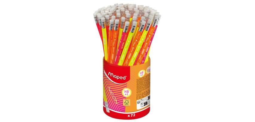 Lapiz de grafito maped neon con goma hb bote de 72 unidades colores surtidos