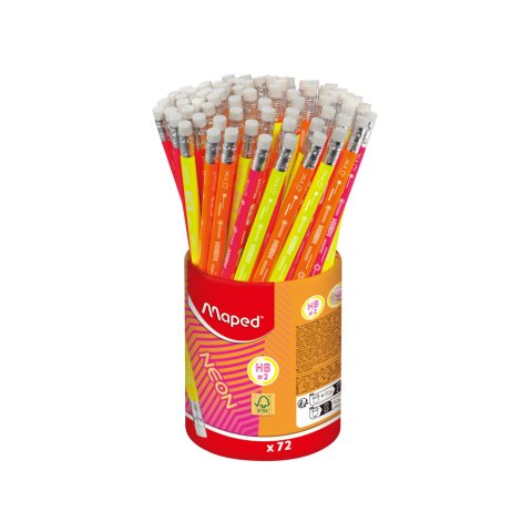 Lapiz de grafito maped neon con goma hb bote de 72 unidades colores surtidos