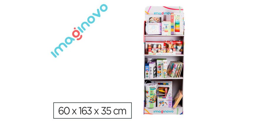 Expositor imaginovo juegos infantiles de suelo carton con 28 juegos y 22 puzles surtidos 60x163x35cm