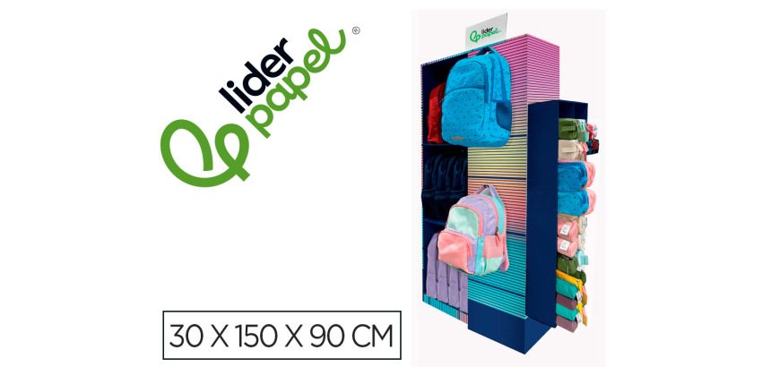 Mochila y estuche portatodo liderpapel expositor de suelo carton con 77 unidades surtidas 30x150x90 cm
