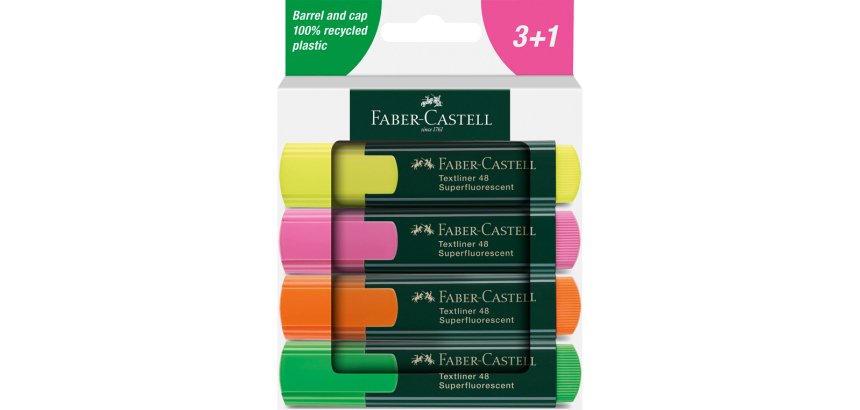 Rotulador faber castell neon txtlnr fluorescente caja de 3 + 1 unidad gratis colores surtidos