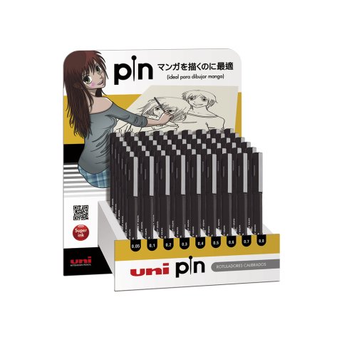 Expositor rotulador uniball pin calibrado micrometrico color negro expositor de 54 unidades surtidas