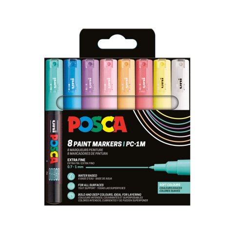 Rotulador uni posca pc-1m marcador de pintura punta extrafina 0,7 mm blister de 8 unidades colores pastel
