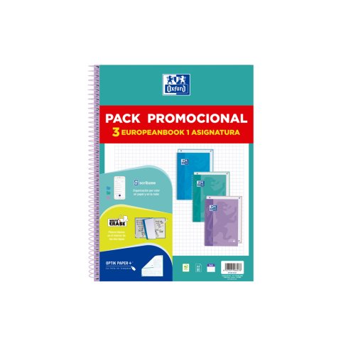 Cuaderno espiral oxford ebook 1 touch tapa extradura din a4+ 80h cuadro 5 mm pack de 3 unidades colores pastel