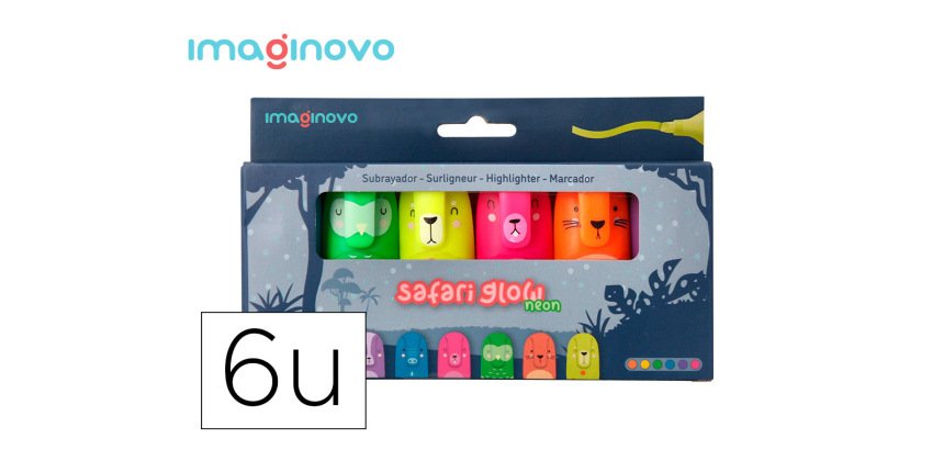 Rotulador imaginovo fluorescente safari glow neon animales y clip caja de 6 unidades surtidas