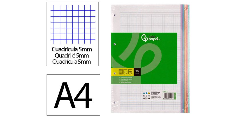 Recambio liderpapel a4 120 hojas 90gr cuadro 5 mm 4 taladros bandas de 5 colores pasteles