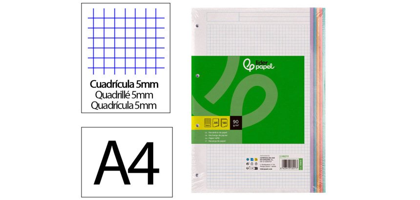 Recambio liderpapel a4 120 hojas 90gr cuadro 5 mm 4 taladros bandas de 5 colores pasteles
