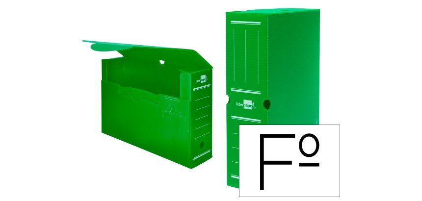 Caja archivo definitivo plastico liderpapel lomo 100 mm verde 360x100x260 mm