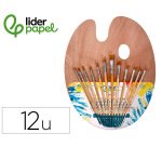 Pinceles sinteticos liderpapel pack de 12 unidades con puntas y tamaños surtidos + paleta de madera