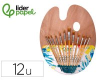 Pinceles sinteticos liderpapel pack de 12 unidades con puntas y tamaños surtidos + paleta de madera