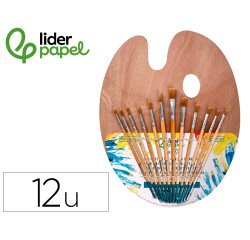 Pinceles sinteticos liderpapel pack de 12 unidades con puntas y tamaños surtidos + paleta de madera