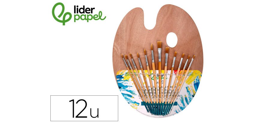 Pinceles sinteticos liderpapel pack de 12 unidades con puntas y tamaños surtidos + paleta de madera