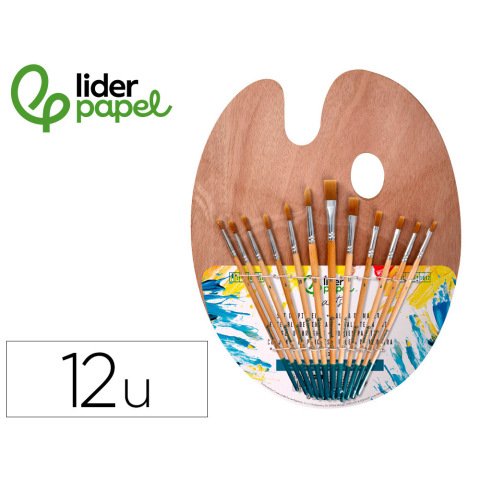 Pinceles sinteticos liderpapel pack de 12 unidades con puntas y tamaños surtidos + paleta de madera
