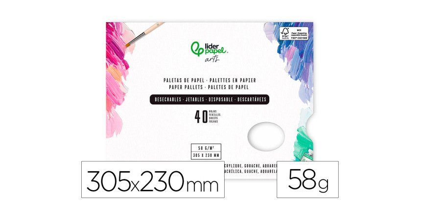 Paleta de papel desechable liderpapel para pintura 40 hojas gramaje 58g/m2 con agujero para pulgar