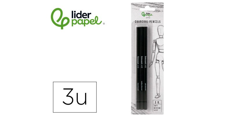Lápices de carboncillo para esbozos liderpapel con diferentes durezas - caja de 3 unidades