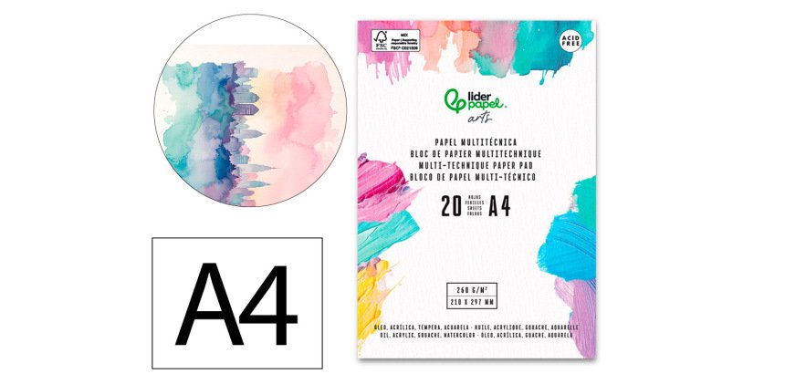 Bloc papel multitecnica liderpapel din a4 para acrilico oleo y gouache 20 hojas gramaje 260g/m2