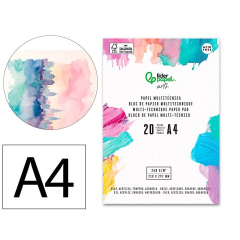 Bloc papel multitecnica liderpapel din a4 para acrilico oleo y gouache 20 hojas gramaje 260g/m2