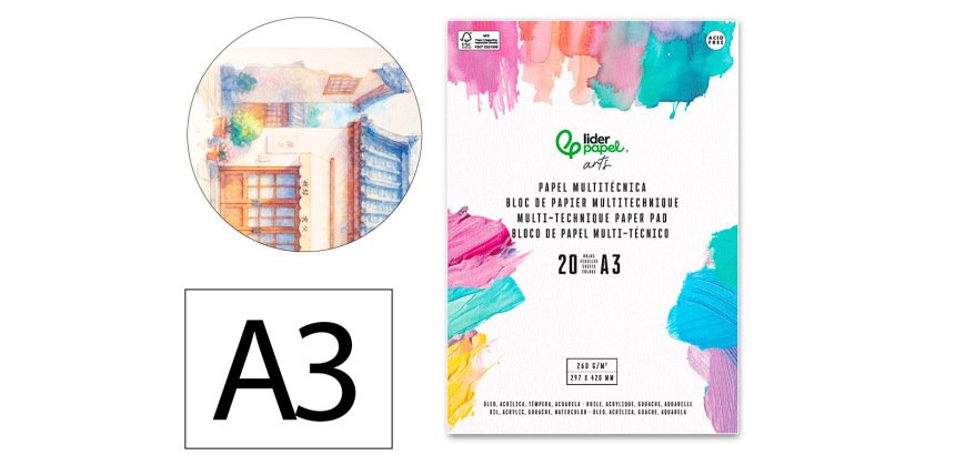 Bloc papel multitecnica liderpapel din a3 para acrilico oleo y gouache 20 hojas gramaje 260g/m2