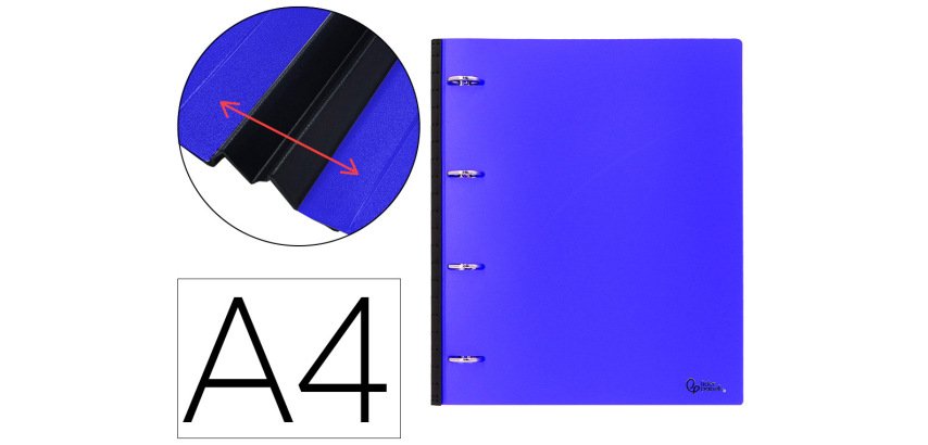 Carpeta liderpapel 4 anillas redondas 25 mm polipropileno din a4 ultra compacta con lomo extensible 4 cm azul
