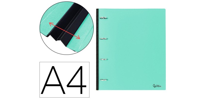 Carpeta liderpapel 4 anillas redondas 25 mm polipropileno din a4 ultra compacta con lomo extensible 4 cm verde