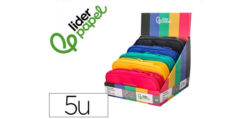 Estuche portatodo liderpapel color pop 2 cremalleras compartimento extensible 230x60 mm