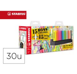 Rotulador stabilo fluorescente set de mesa 15 unidades boss 70 + 15 unidades swing cool colores surtidos