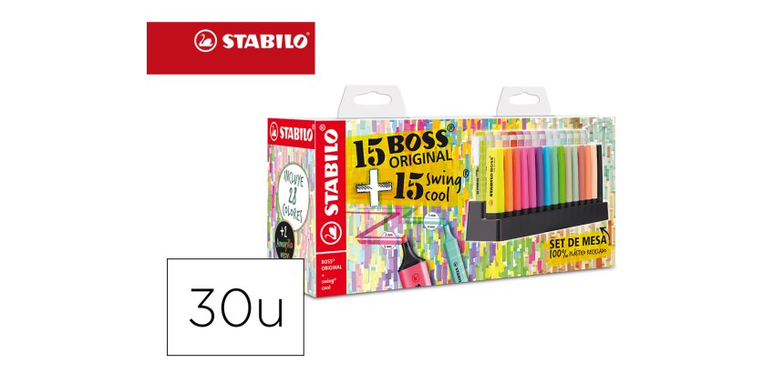 Rotulador stabilo fluorescente set de mesa 15 unidades boss 70 + 15 unidades swing cool colores surtidos